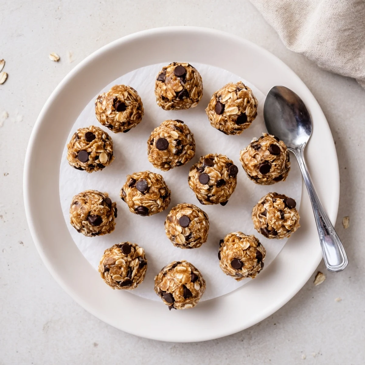 Stack of Peanut Butter Energy Balls for lunchbox snack, oats and flaxseed