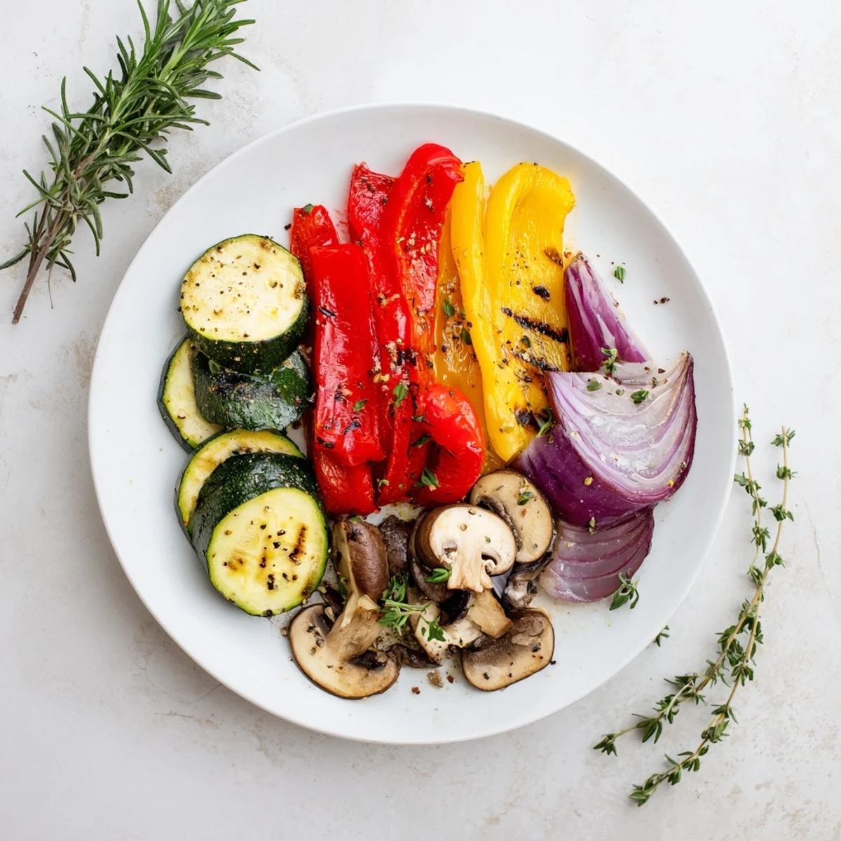 Grilled Vegetables piled on platter, smoky char, glossy herb marinade glistening