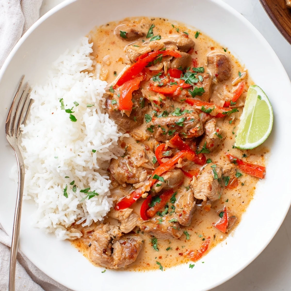 Spicy Brazilian Coconut Chicken simmering in creamy sauce with lime wedges  