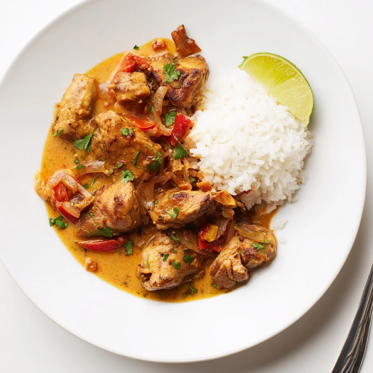 Pan browned Spicy Brazilian Coconut Chicken releasing aromatic chilies and coconut steam