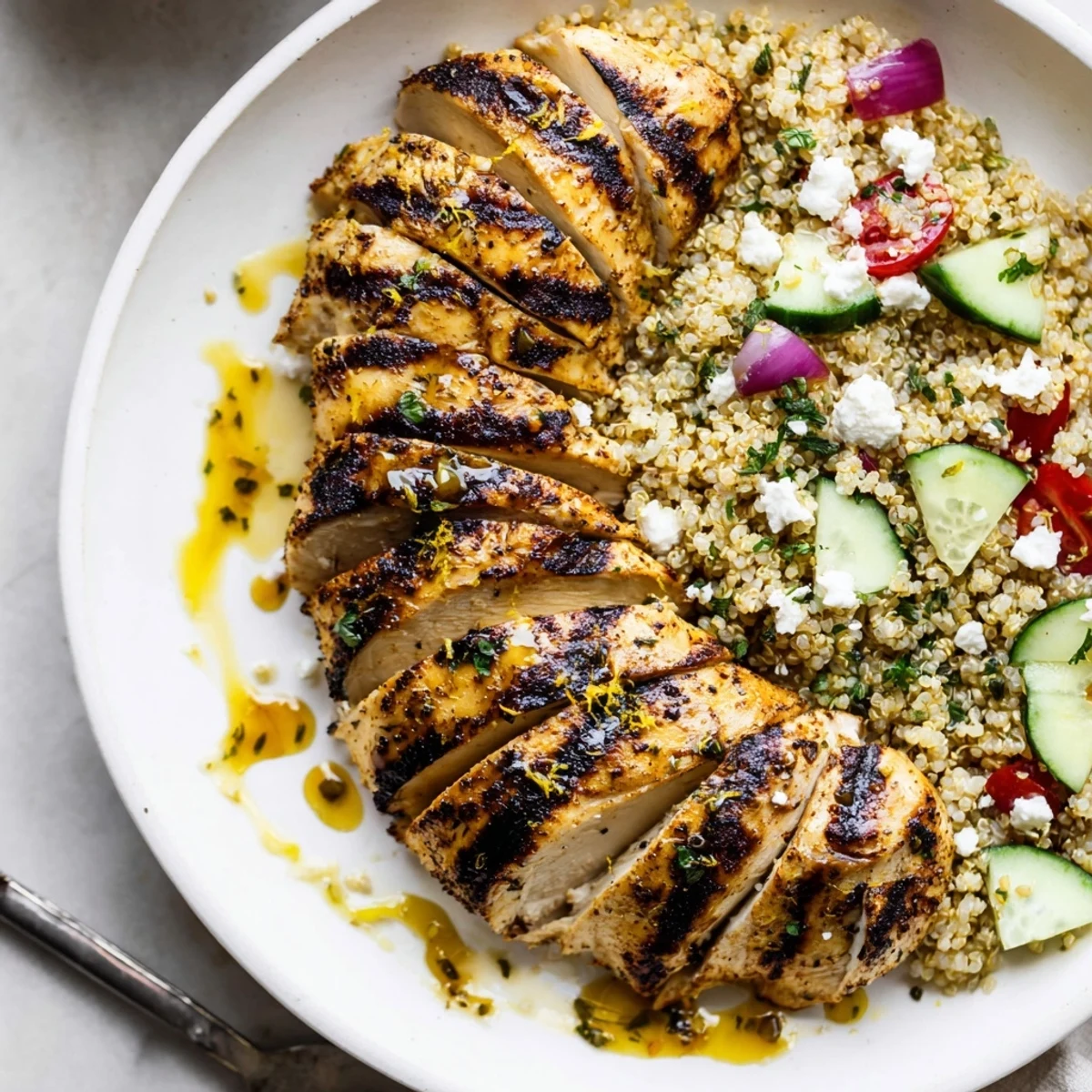 Sliced Grilled Lemon Herb Chicken and Quinoa Salad atop mixed greens, tangy herbs
