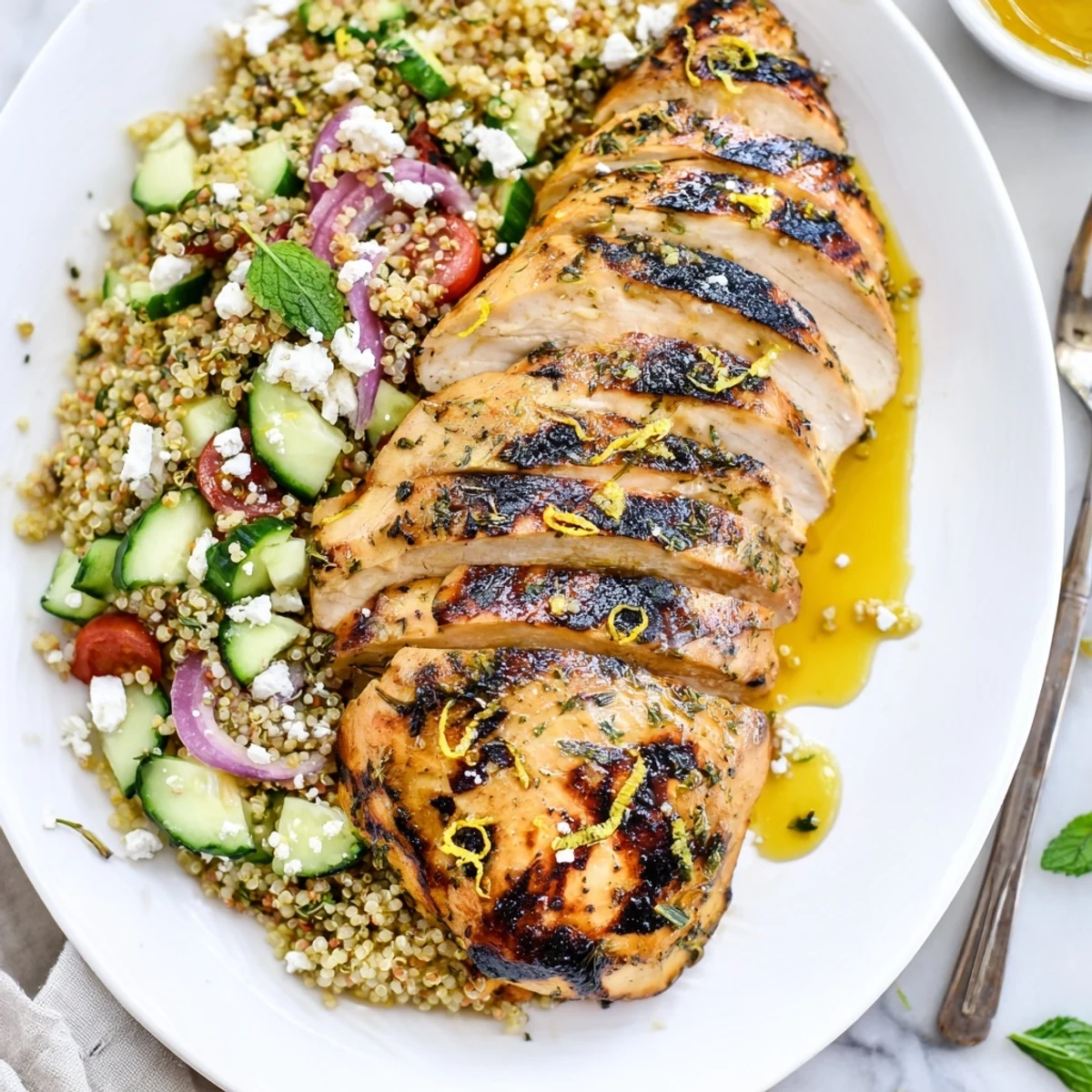 Grilled Lemon Herb Chicken and Quinoa Salad with charred chicken, bright citrus dressing