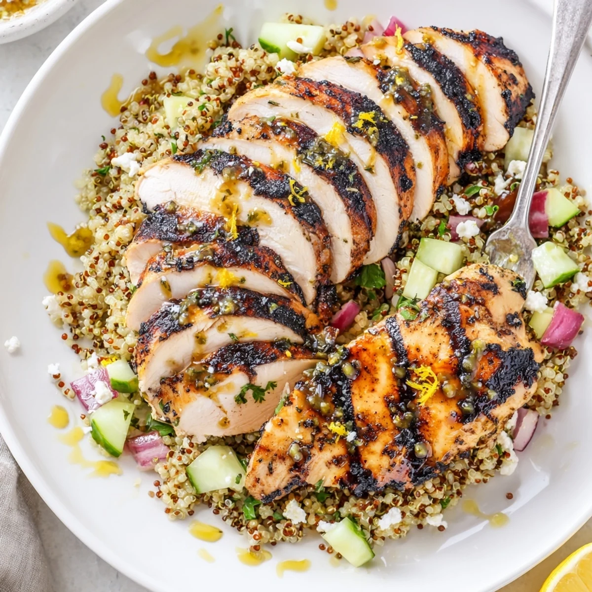 Family-style Grilled Lemon Herb Chicken and Quinoa Salad: fluffy quinoa, zesty lemon