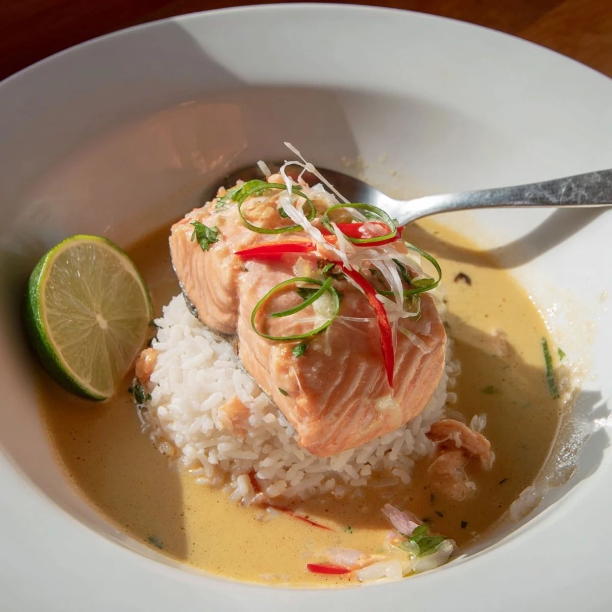 Steaming Coconut Lime Poached Salmon Dinner served over jasmine rice with lime wedges