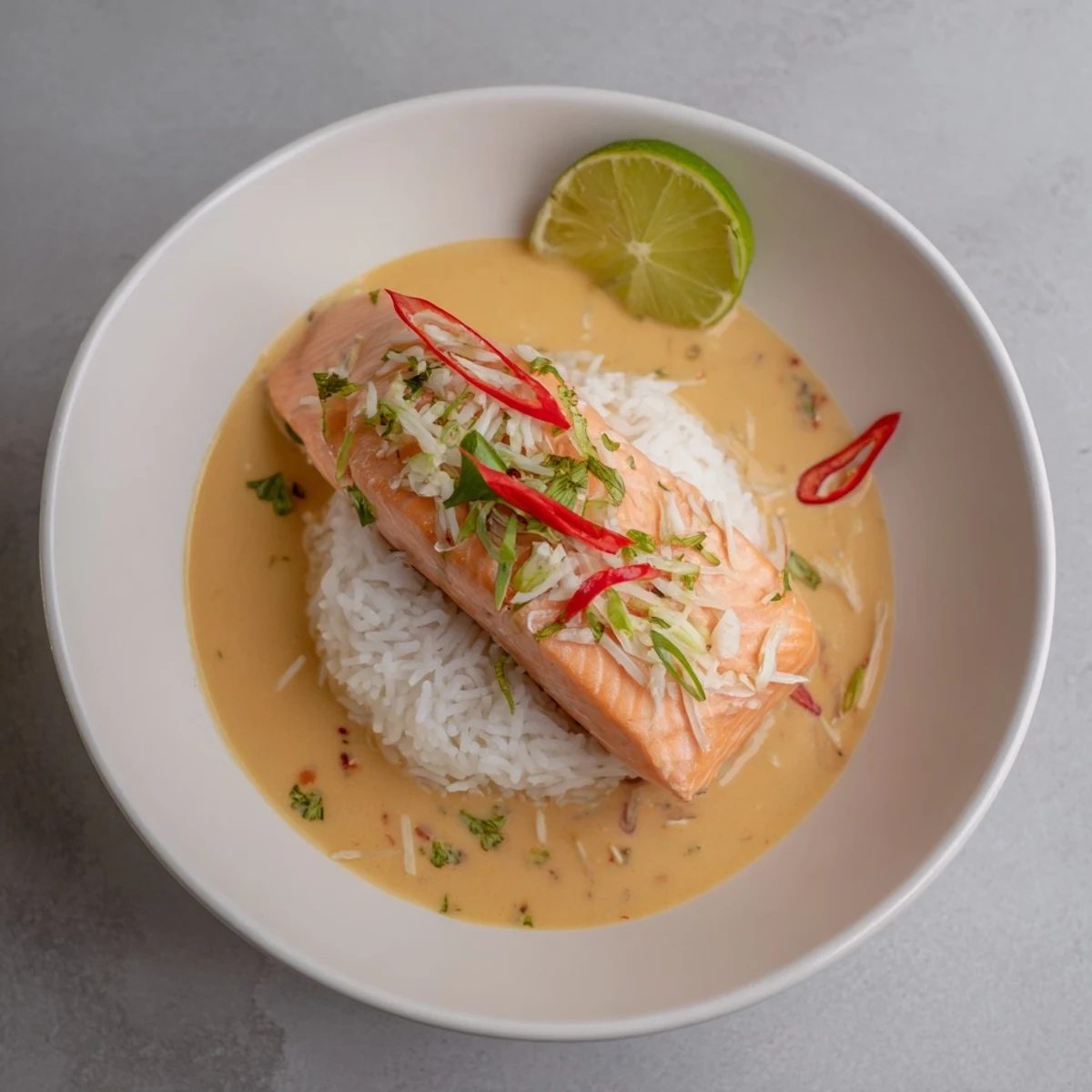Coconut Lime Poached Salmon Dinner with silky fillets in fragrant coconut lime broth