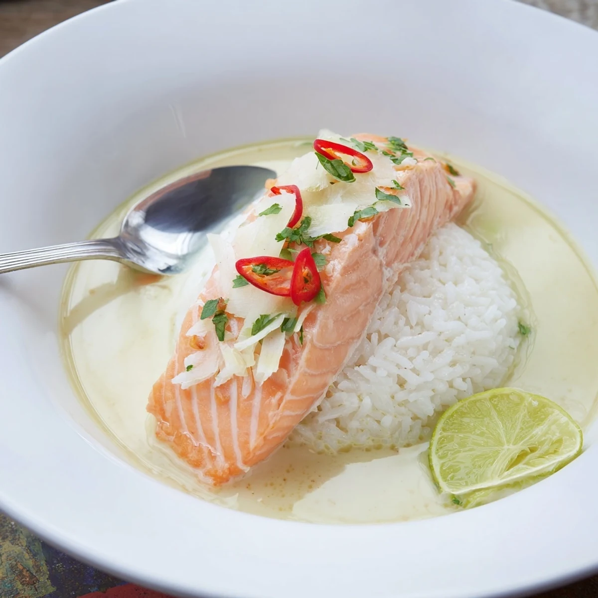 Tender, flaky Coconut Lime Poached Salmon Dinner bathed in creamy coconut lime sauce