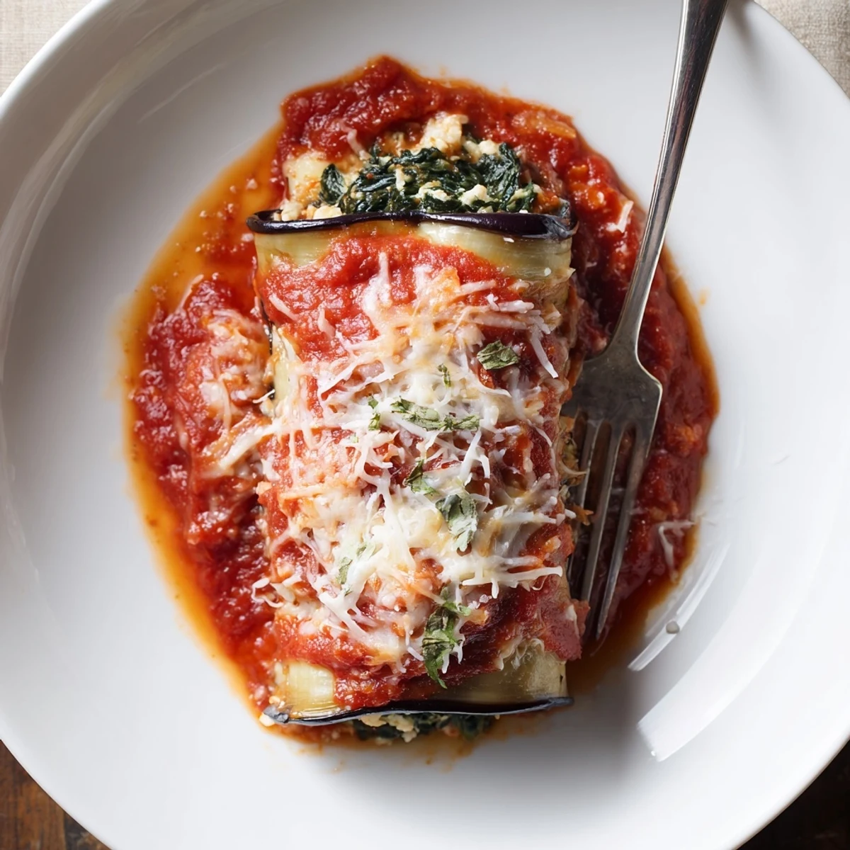 Creamy ricotta-stuffed Healthy Eggplant Rollatini topped with bubbling cheese and herbs