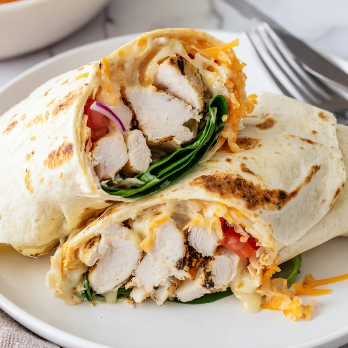 Cheesy Garlic Chicken Wraps sliced in half, melty cheese oozing, grilled golden  