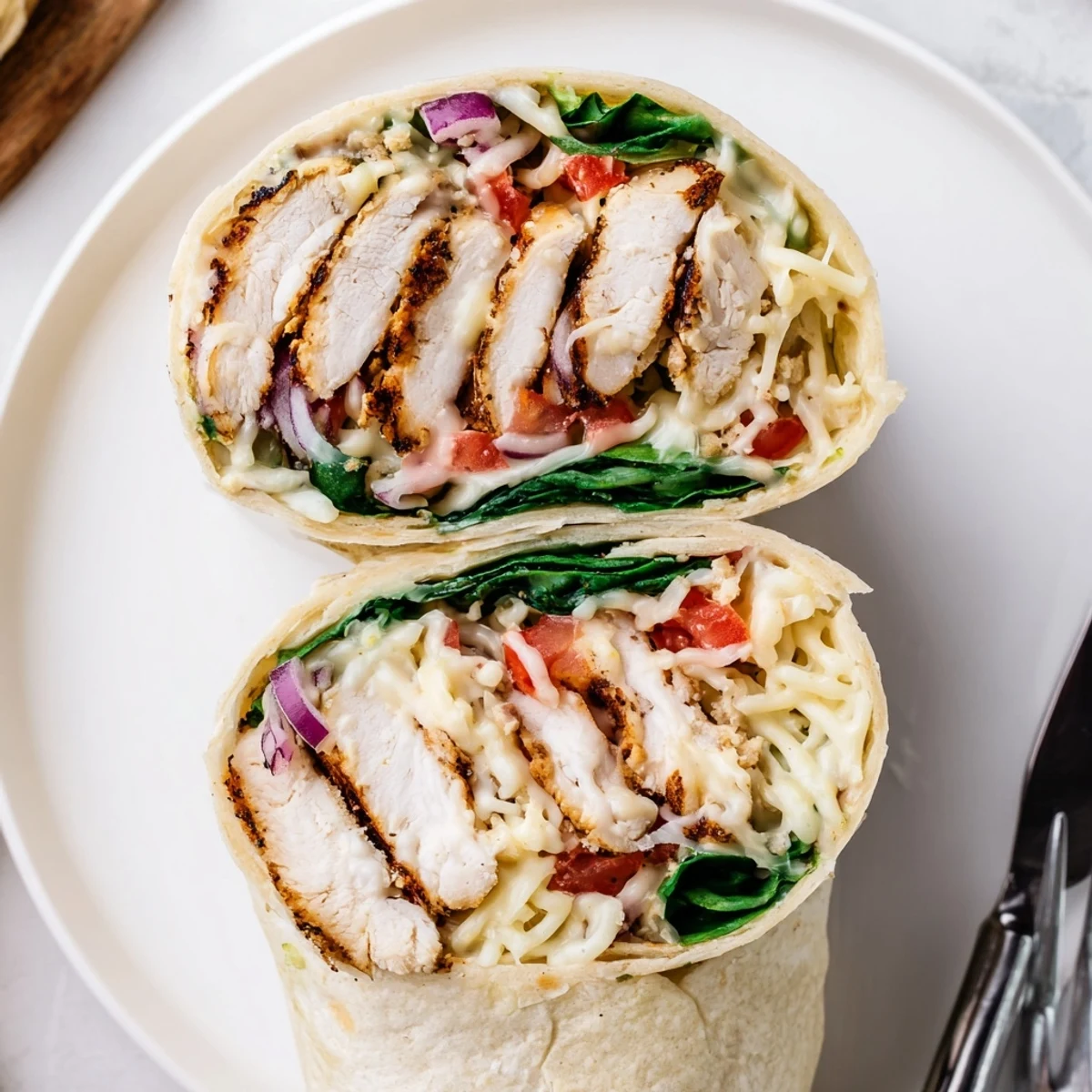 Warm Cheesy Garlic Chicken Wraps packed with juicy chicken, fresh spinach and tomatoes  