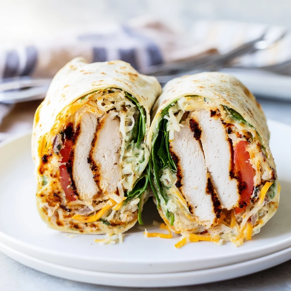 Pan-seared Cheesy Garlic Chicken Wraps served with crispy sweet potato fries and salad