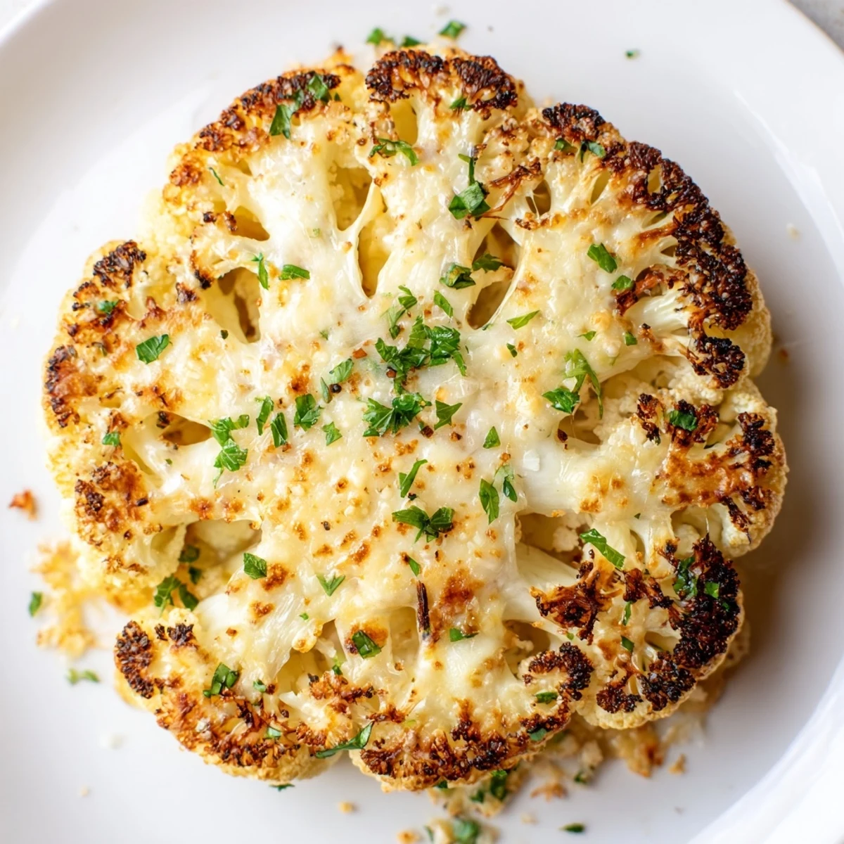 Cheesy Cauliflower Steaks roasted until golden, bubbling cheese and parsley garnish
