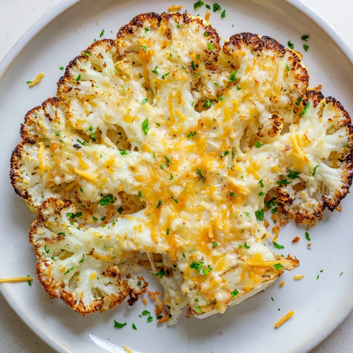Oven-browned Cheesy Cauliflower Steaks served hot on a rustic baking sheet