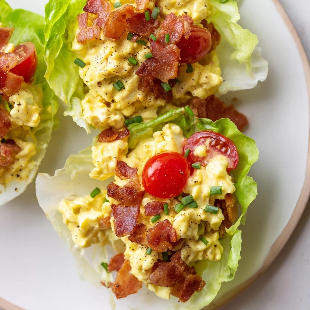 Creamy BLT Egg Salad Lettuce Wraps with crisp butter lettuce and bacon.