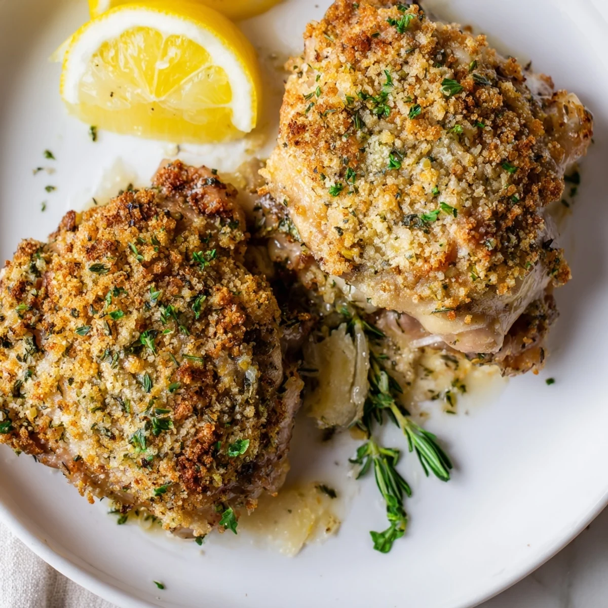 Golden Herb Crusted Chicken Thighs In Creamy Garlic Sauce, golden crust glistening