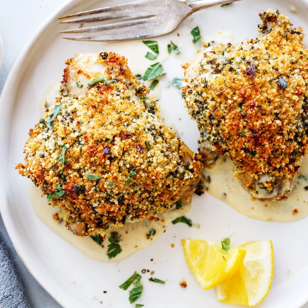 Oven-baked Golden Herb Crusted Chicken Thighs In Creamy Garlic Sauce over mashed potatoes