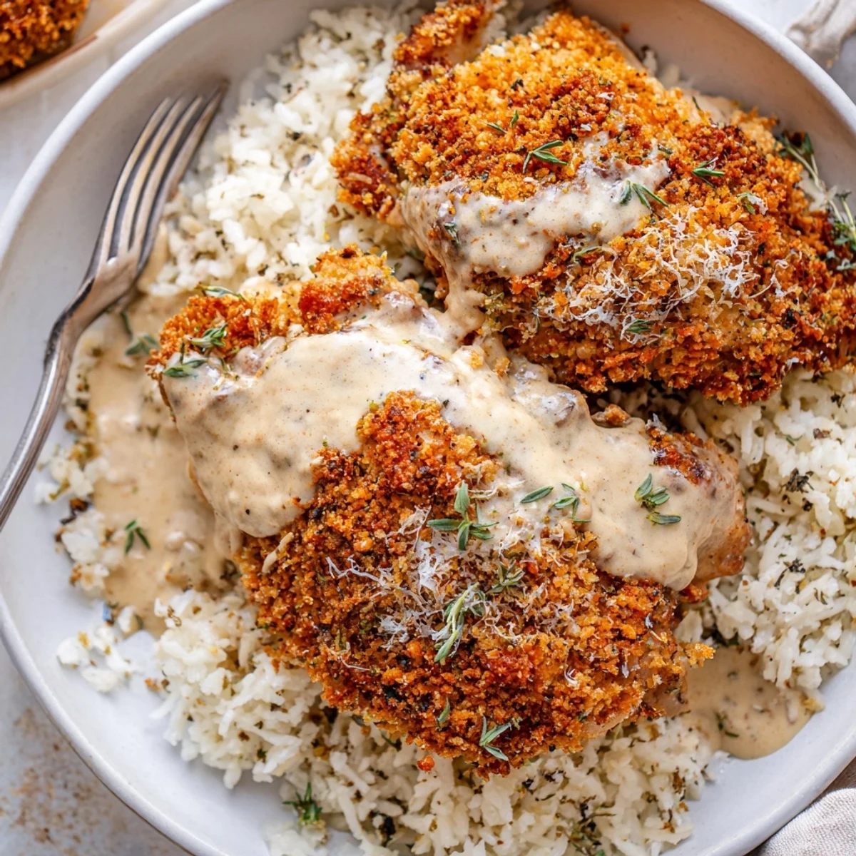 Golden Herb Crusted Chicken Thighs In Creamy Garlic Sauce With Rice, steaming and glossy