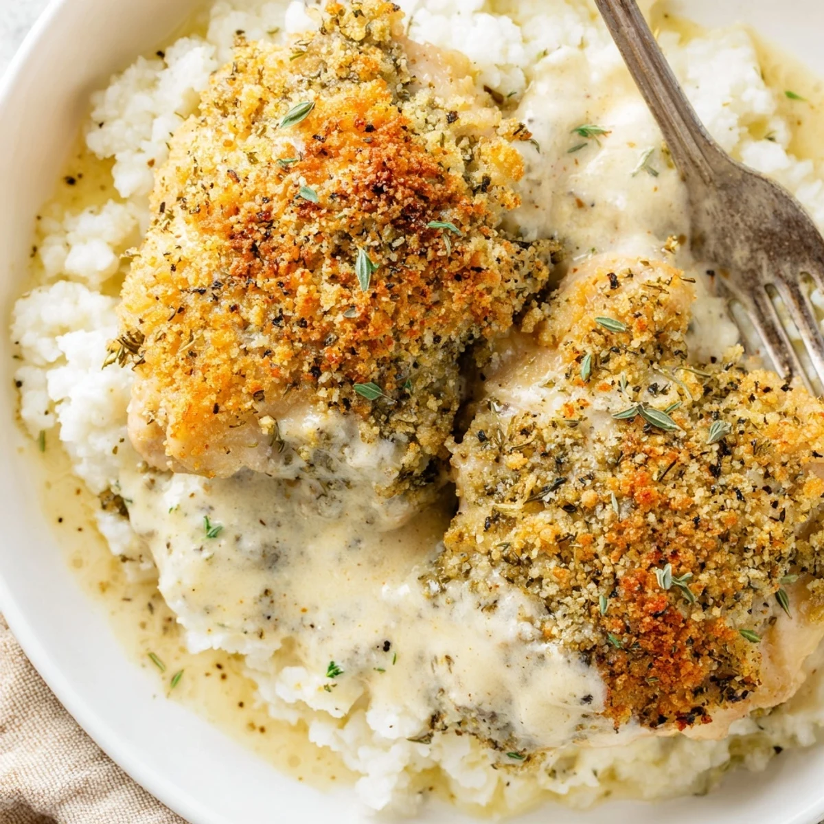Seared Golden Herb Crusted Chicken Thighs In Creamy Garlic Sauce With Rice, garnished