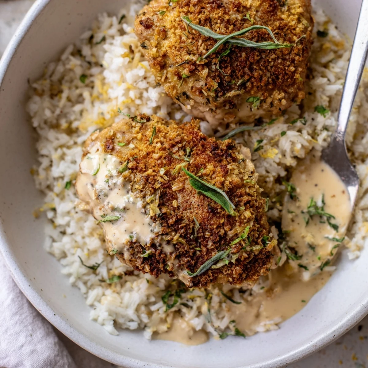 Comforting Golden Herb Crusted Chicken Thighs In Creamy Garlic Sauce With Rice, plated warm