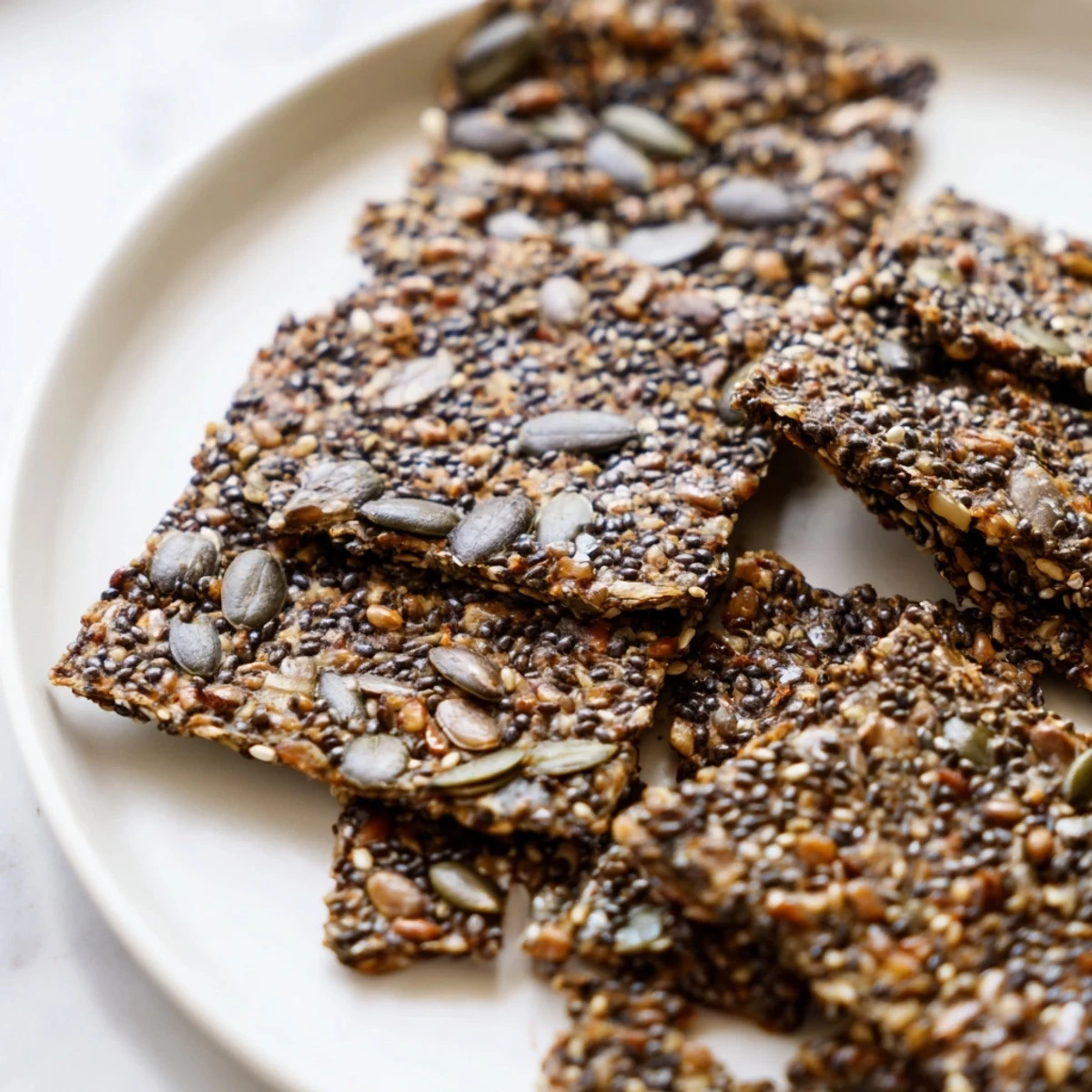 Thin golden Seed Crackers broken into pieces beside guacamole for dipping.