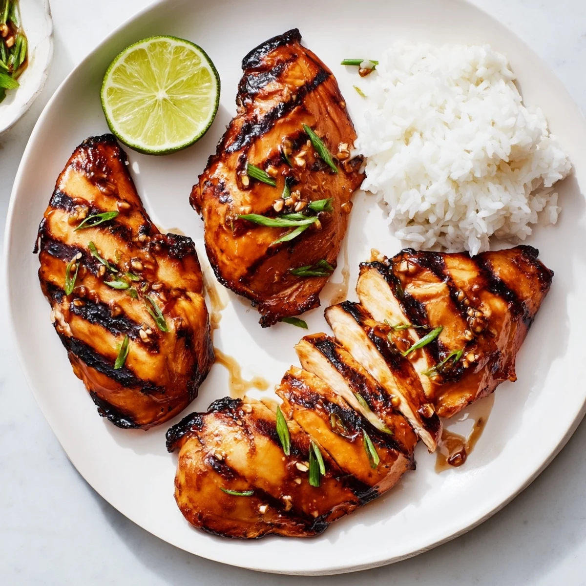 Grilled Vietnamese Chicken with charred edges, cilantro garnish, lime wedges ready