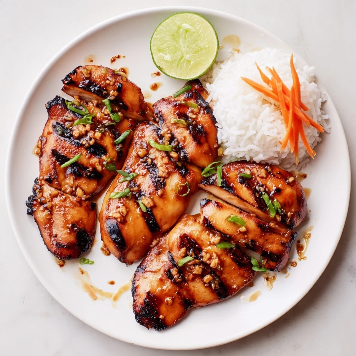 Smoky Grilled Vietnamese Chicken sliced over jasmine rice with pickled vegetables