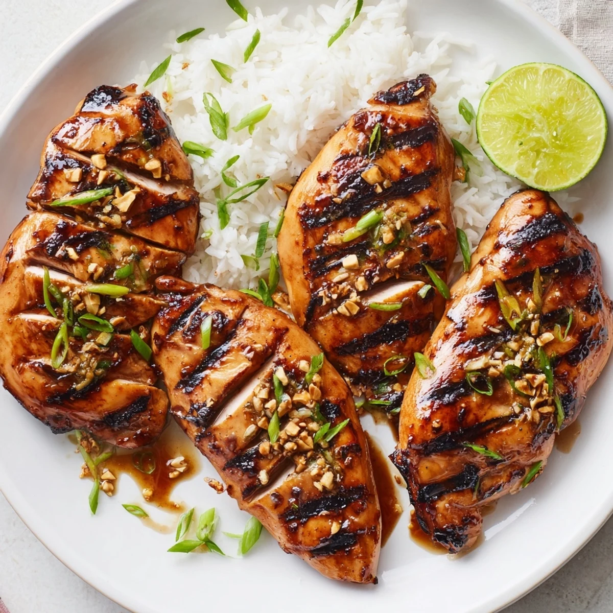 Marinated Grilled Vietnamese Chicken glistening from lime-garlic glaze, served with scallions