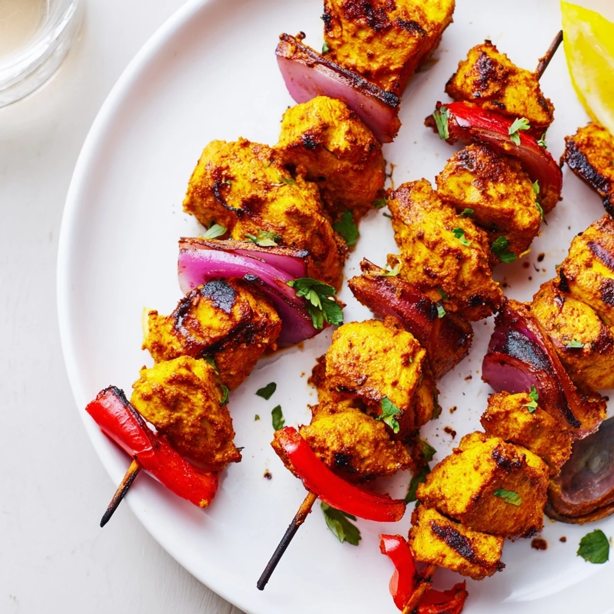 Charred, juicy Tandoori Chicken Tikka Skewers resting on lemon wedges and cilantro.