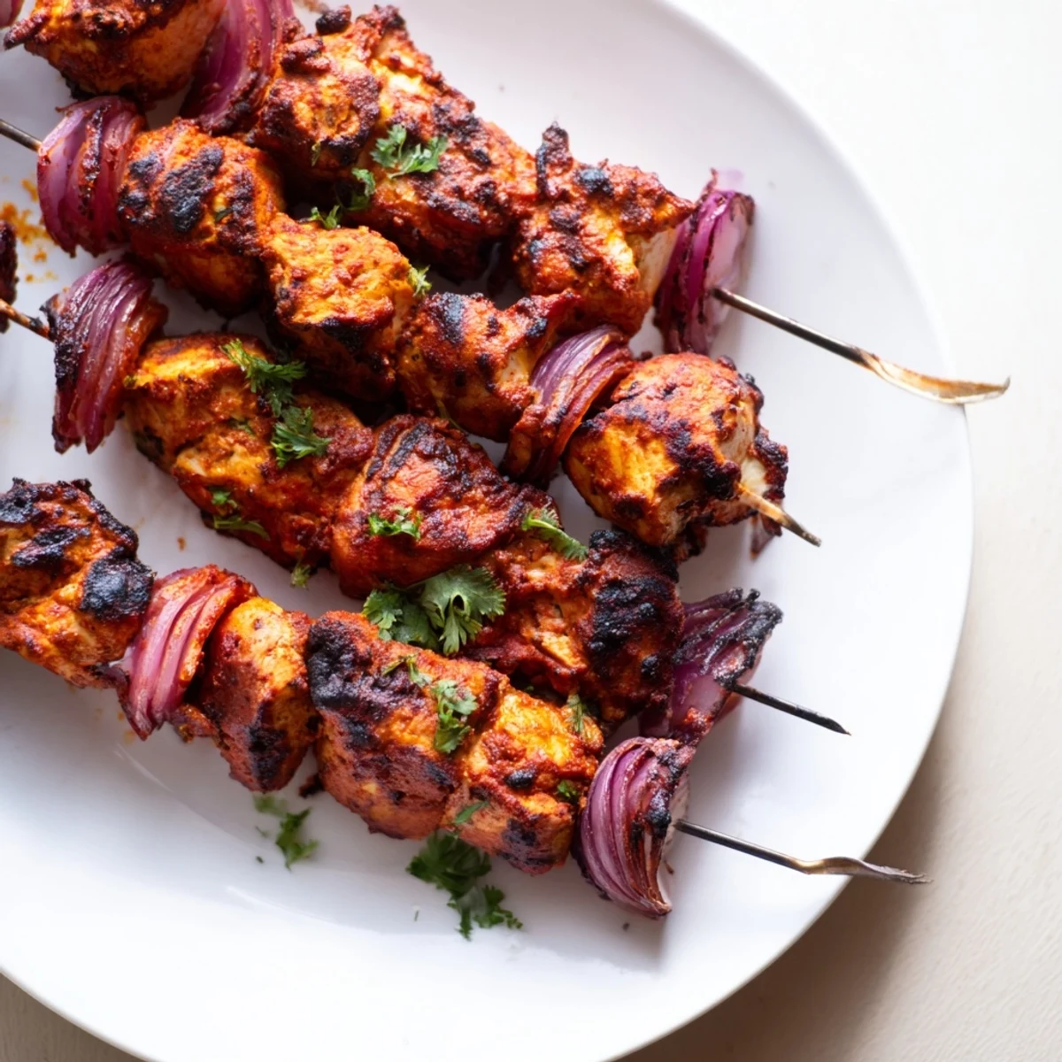 Grilled Tandoori Chicken Tikka Skewers basting with ghee, smoky aroma rising from charred edges.
