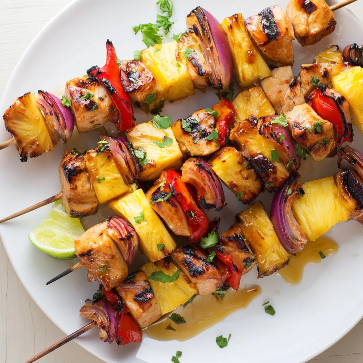 Grilled Pineapple Chicken Kabobs sizzling with caramelized edges, served with lime