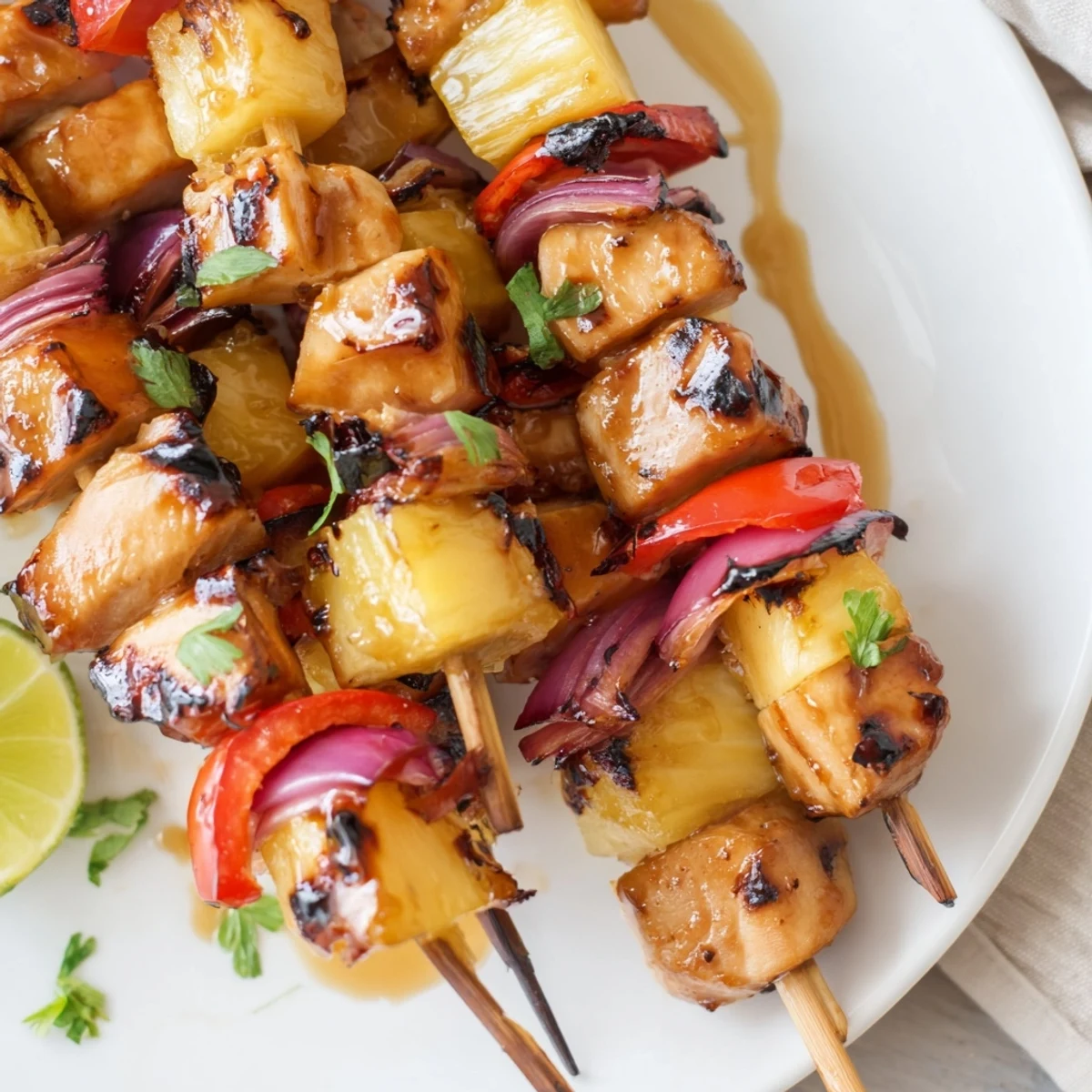 Juicy skewers of Grilled Pineapple Chicken Kabobs with charred peppers and onion