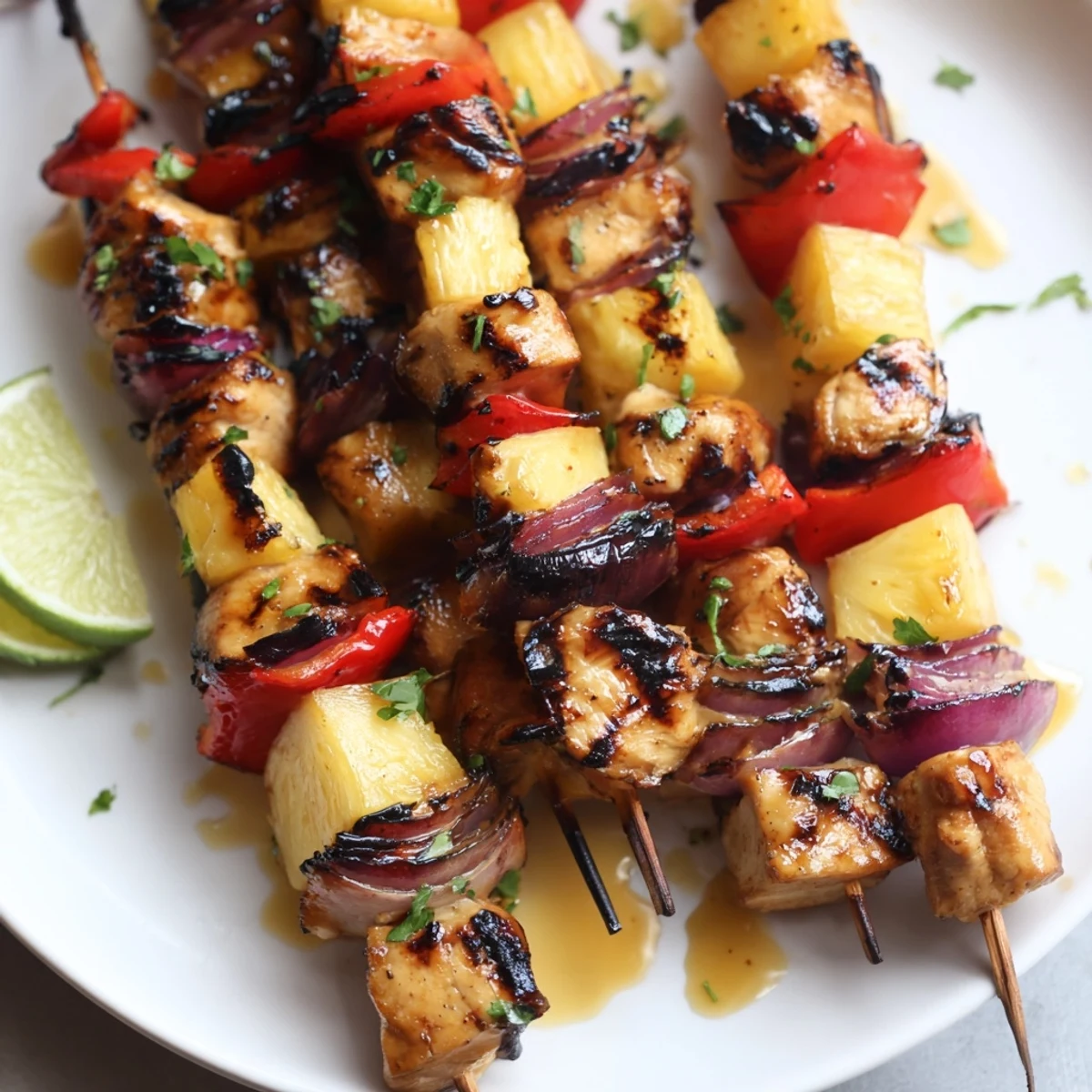 Bright citrus-glazed Grilled Pineapple Chicken Kabobs resting on coconut rice, cilantro