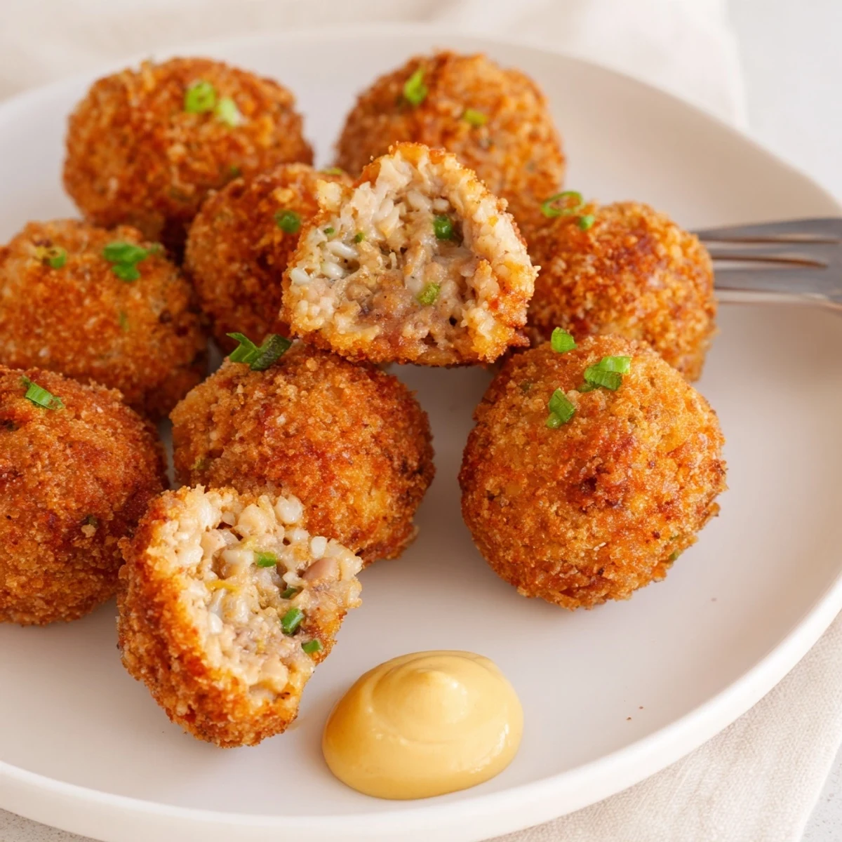 Golden, crispy Cajun Boudin Balls piled on a platter with remoulade.