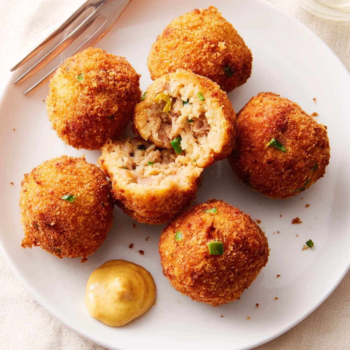 Spicy Cajun Boudin Balls, crunchy panko crust, served hot with Creole mustard.