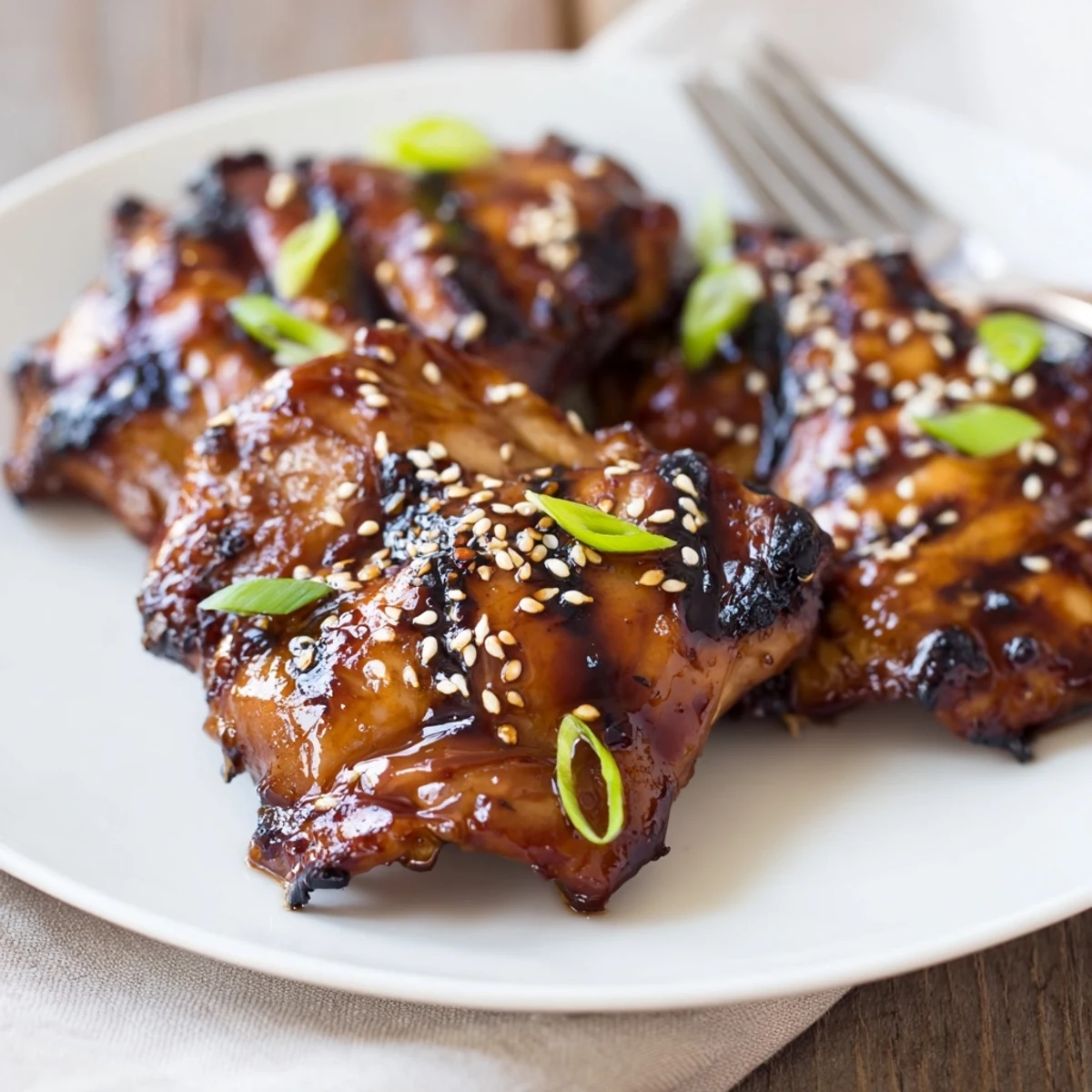 Oven-roasted Japanese BBQ Chicken Thighs brushed with sweet umami glaze and sliced scallions