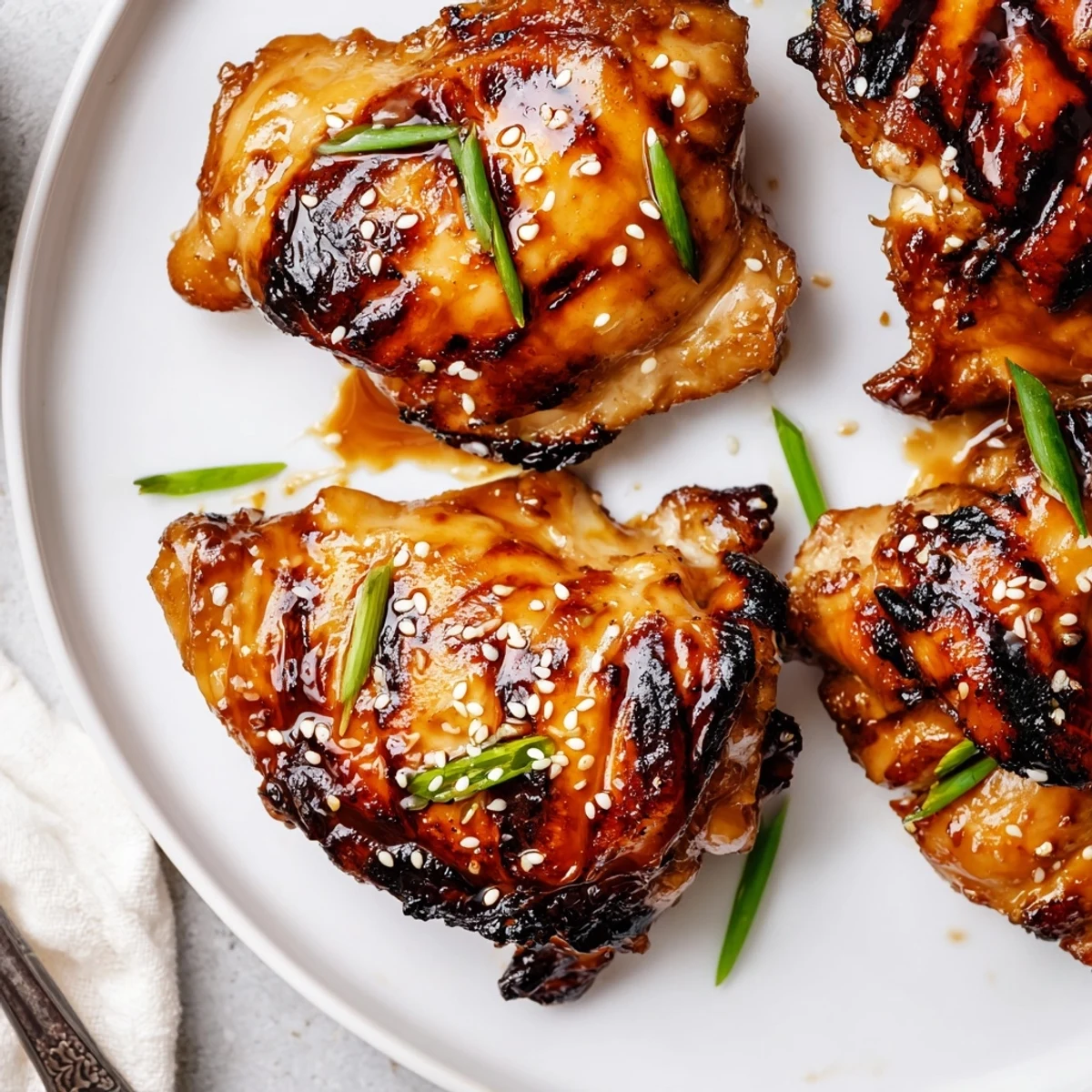 Grilled Japanese BBQ Chicken Thighs glazed and sticky, charred edges, sprinkled with sesame