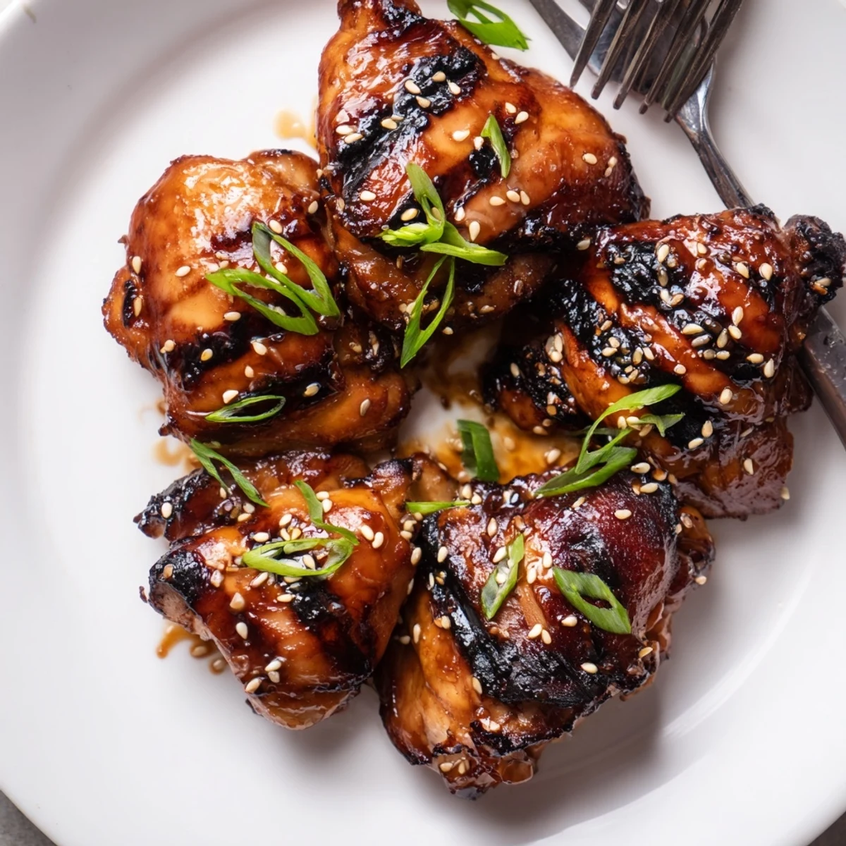 Japanese BBQ Chicken Thighs resting on rice, smoky aroma, glossy sauce and sesame