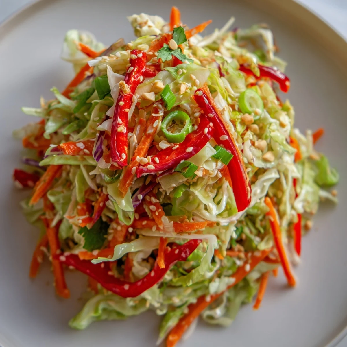 Asian Cabbage Salad with crunchy shredded cabbage, bright peppers, and sesame dressing