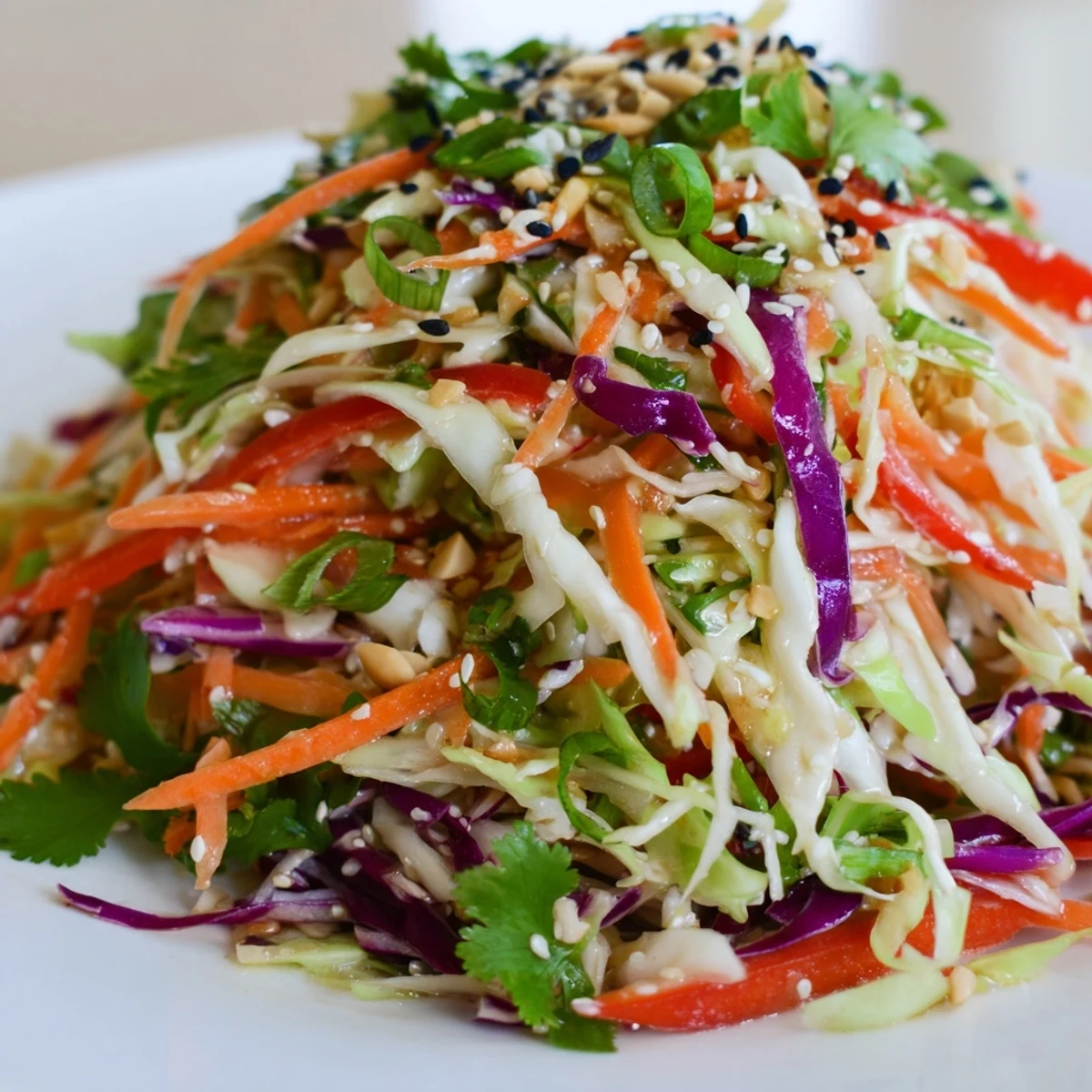 Bowl of Asian Cabbage Salad tossed in tangy sesame-ginger dressing, topped with sesame