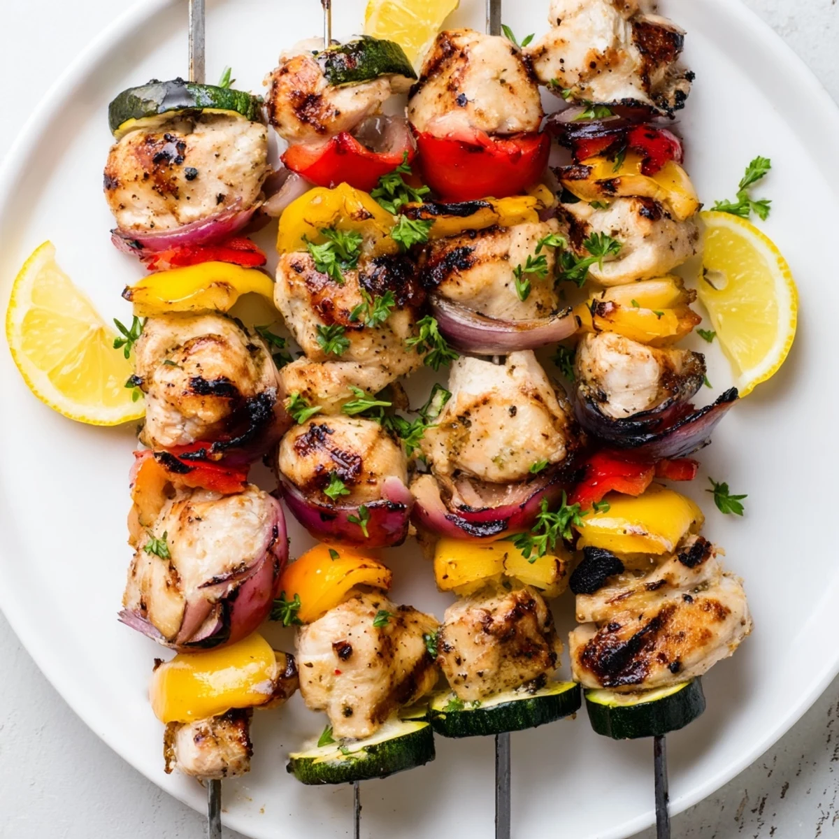 Grilled Chicken Kabobs sizzling with charred edges, colorful peppers and lemon