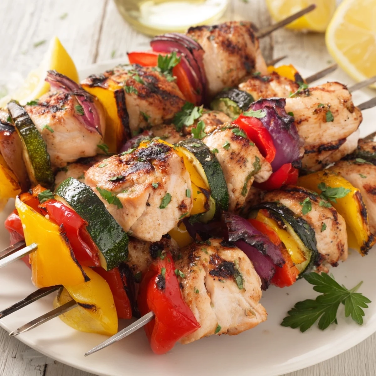 Colorful summer platter featuring Grilled Chicken Kabobs with smoky paprika aroma