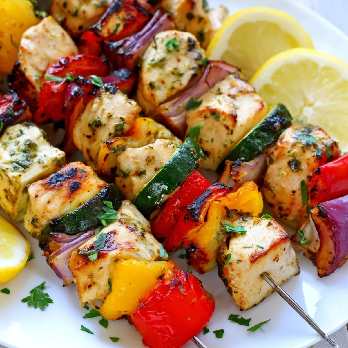 Fork-ready skewers of Grilled Chicken Kabobs paired with tzatziki sauce