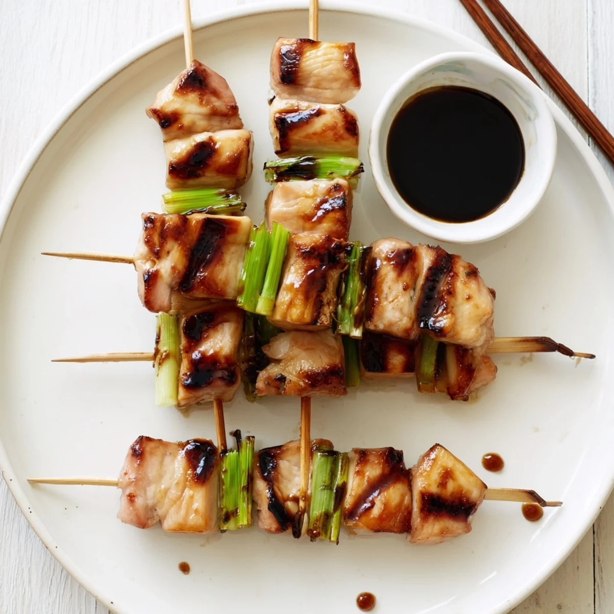 Grilled, sticky Japanese Chicken Yakitori Recipe with scallions, smoky aroma and warm sauce.