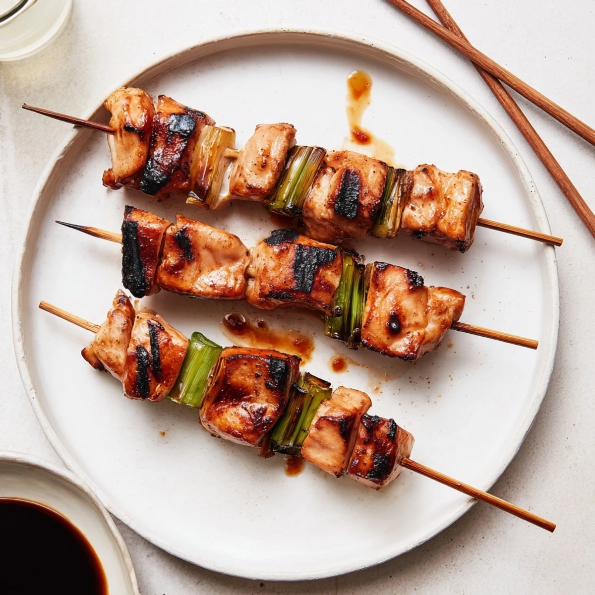 Japanese Chicken Yakitori Recipe: skewered glazed chicken, caramelized edges, served with rice.