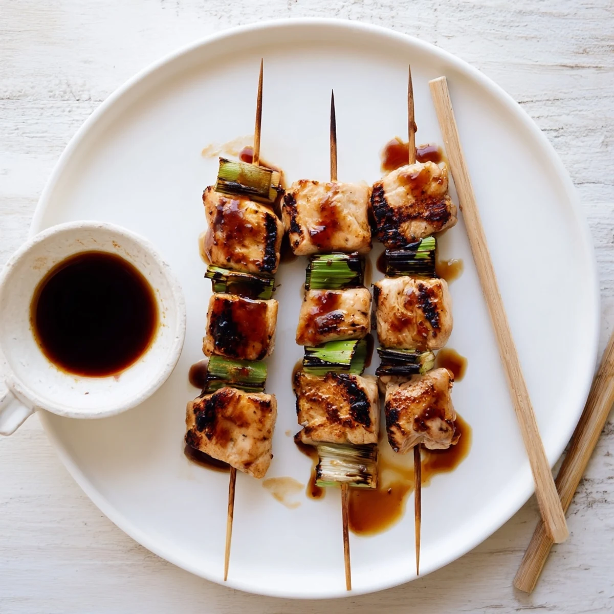Weeknight Japanese Chicken Yakitori Recipe: juicy thigh pieces charred on grill, extra sauce.