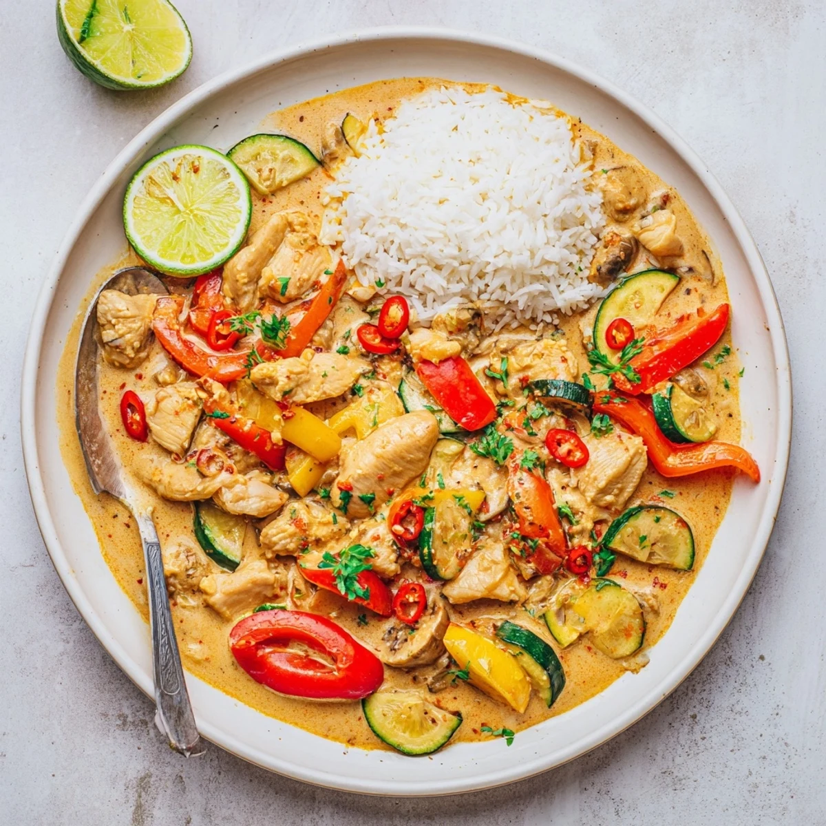 Spicy Summer Coconut Chicken Curry steaming over jasmine rice, vibrant peppers glistening