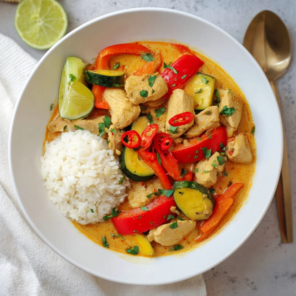 Bowl of Spicy Summer Coconut Chicken Curry garnished with cilantro and lime