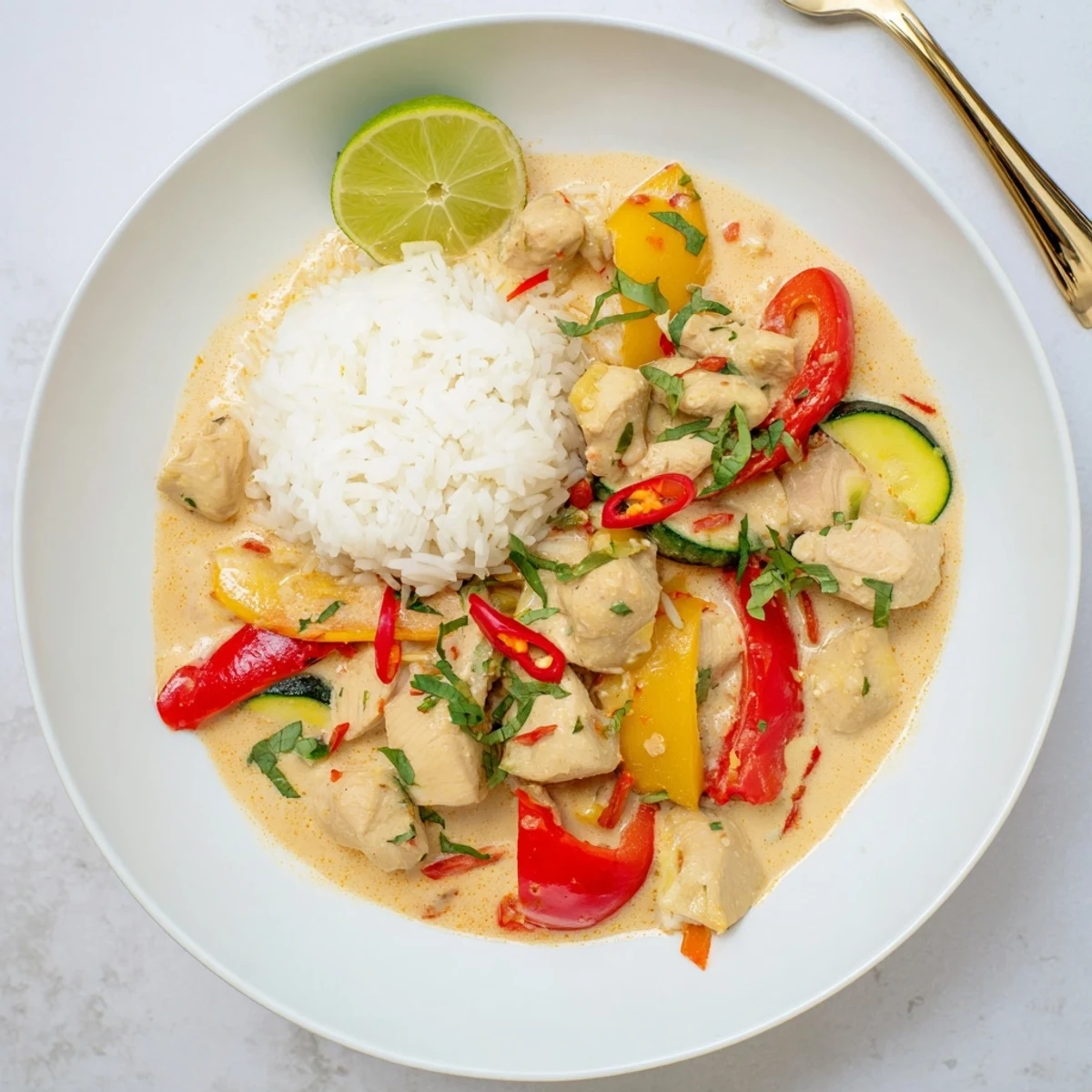 Cast-iron skillet of Spicy Summer Coconut Chicken Curry, fragrant coconut and ginger