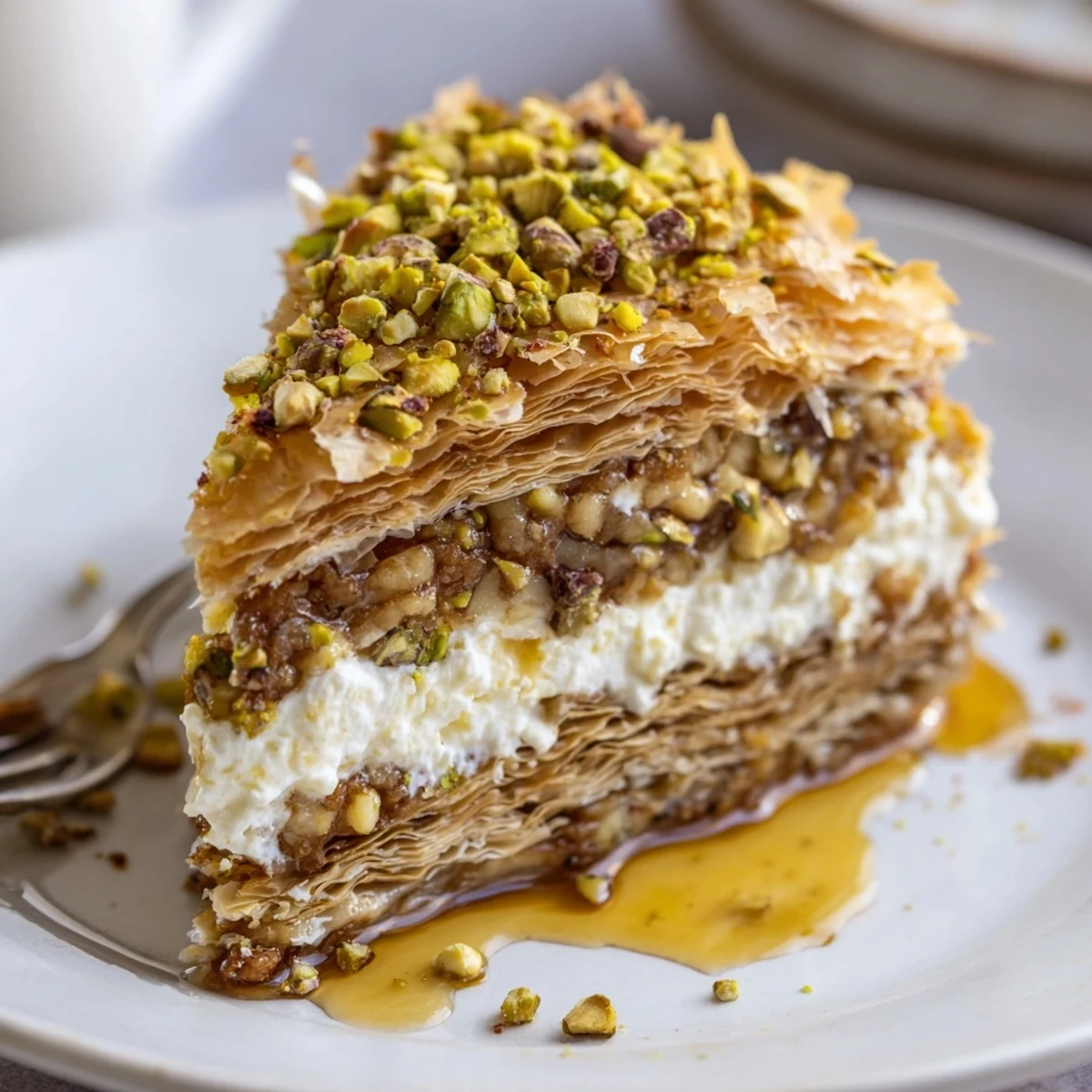 Creamy Pistachio Baklava Cheesecake topped with chopped pistachios, served chilled.