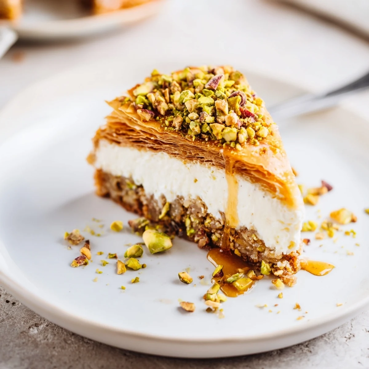 Pistachio Baklava Cheesecake with honey syrup, flaky phyllo crust, nutty crunch.