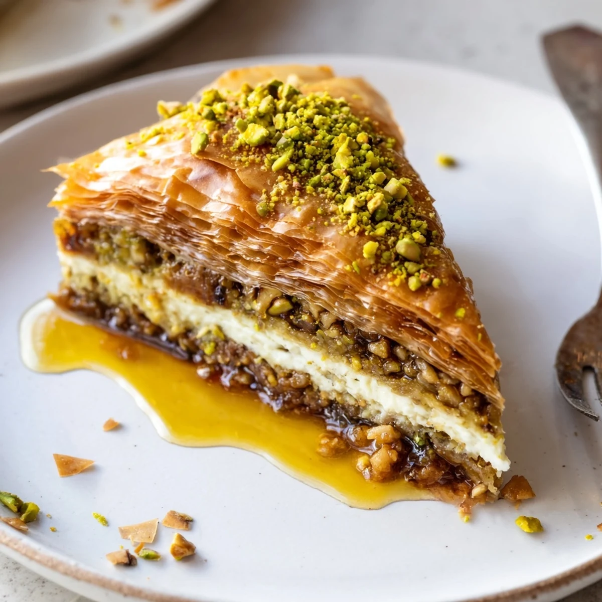 Slice of Pistachio Baklava Cheesecake on plate beside steaming mint tea.